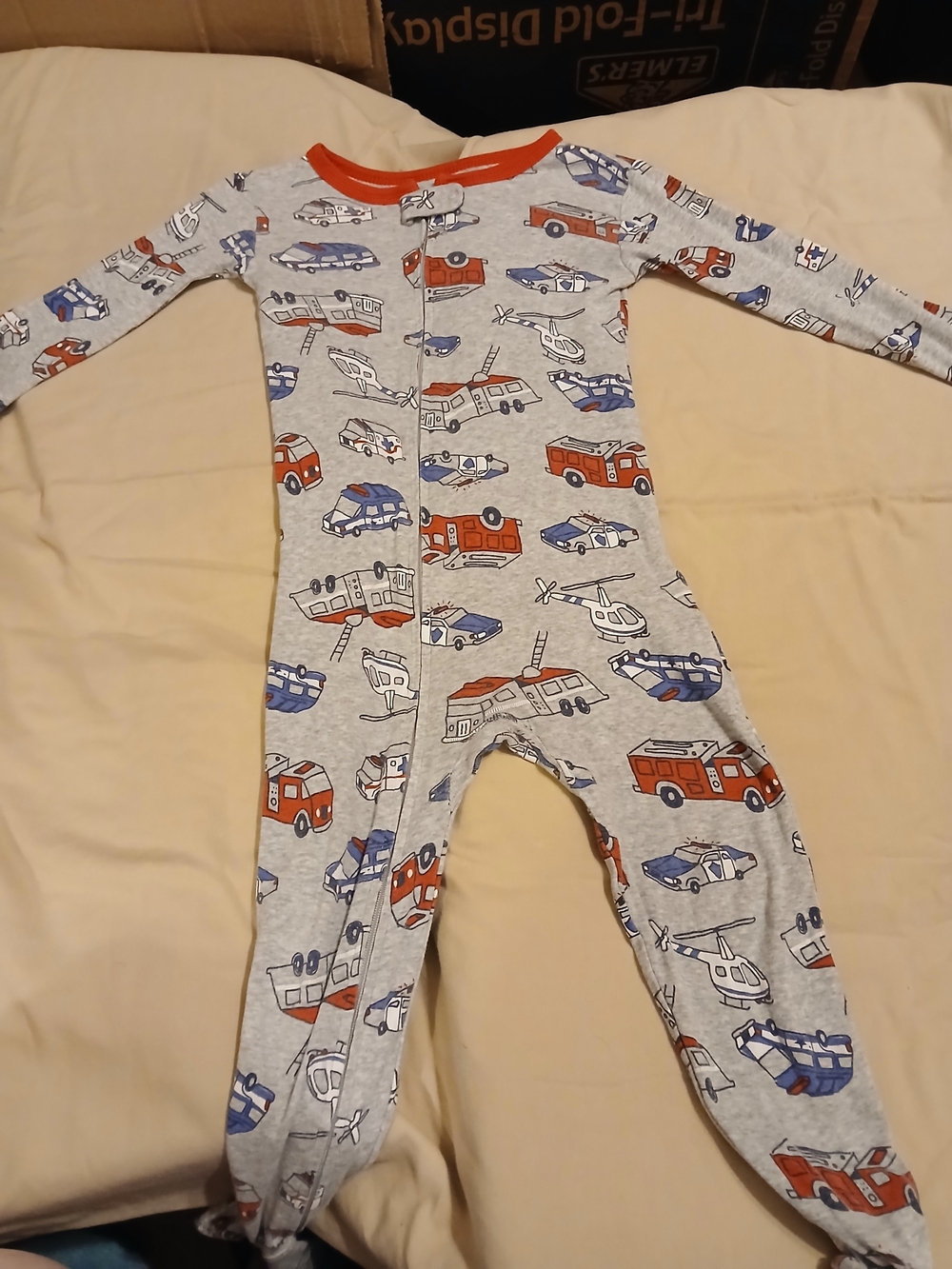 Kids Gray Sleep and Play One-Piece with Red & Blue Rescue Vehicles
